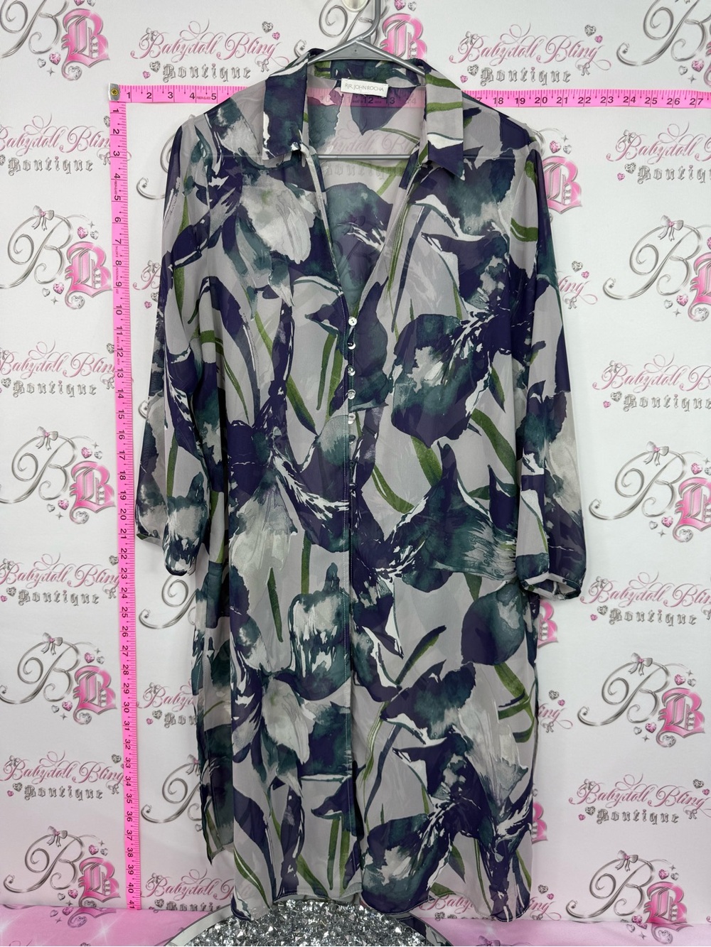 RJR John Rocha Floral Sheer Button-Up Blouse in Gray, Green & Pink